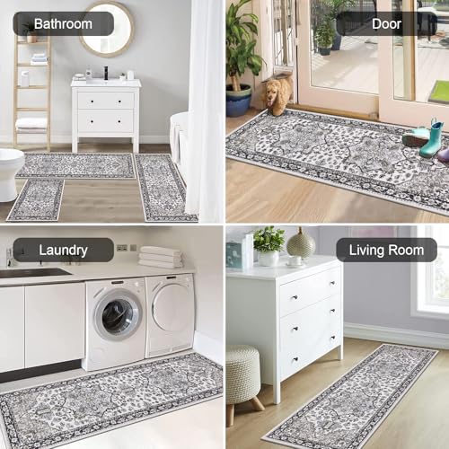 HEBE Boho Kitchen Rugs Set of 3 (Black/Brown / 20"x32"+20"x48"+20"x59")