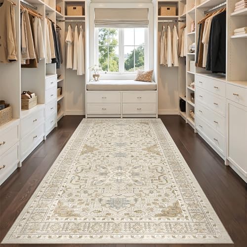 4x8 Wide Hallway Runner Rug Washable for Living Room (Beige/Blue / 4' x 8' (Runner))