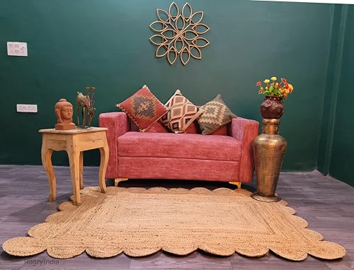 Natural Tan and Trim Jute Area Rug 3x5 ft Handwoven Rug with Natural Border Scalloped Durable Beign Scallop Pattern Area Rug for Living Room (3'x5' / Natural)