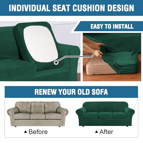 Modern Velvet Plush 4 Piece High Stretch Sofa Slipcover Furniture Protector Form Fit Velvet Extra Large Sofa Cover for 3 Cushion Couch Width Up to 105 Inch (3 Cushion XL Sofa / Green)