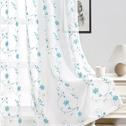 White and Blue Embroidered Floral Sheer Curtains 96 Inches Long 2 Panels Flower Pattern Semi Sheer Window Curtains for Bedroom Living Room (52"W x 96"L (Pack of 2) / White & Blue)