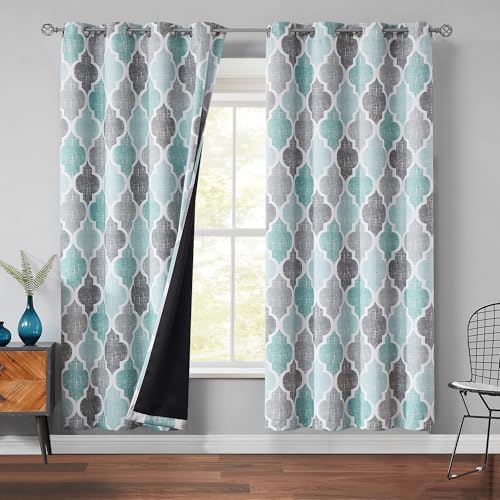 Moroccan 100% Blackout Curtains Bedroom Aqua Grey 50x72 2 Panels (Grommet | Aqua and Grey / 50"W x 72"L (Pack of 2))