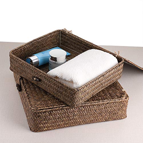 Set of 2 Flat Wicker Storage Basket Bins with Lid Woven Seagrass Box (Small+Large / Coffee)