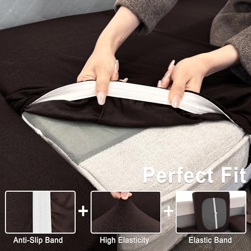 Leather Look Couch Cushion Covers Sofa Seat Slipcovers Sets Couches Furniture Protector for Sectional Armchair Loveseat Pets Kids Stretch Spandex Fabric (3 Cushion Sofa / 05 Chocolate)