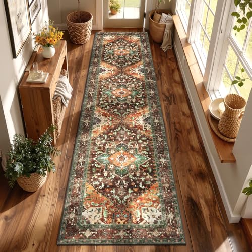 Washable Runner Rug (3' x 12' / Rust/Dull Teal)
