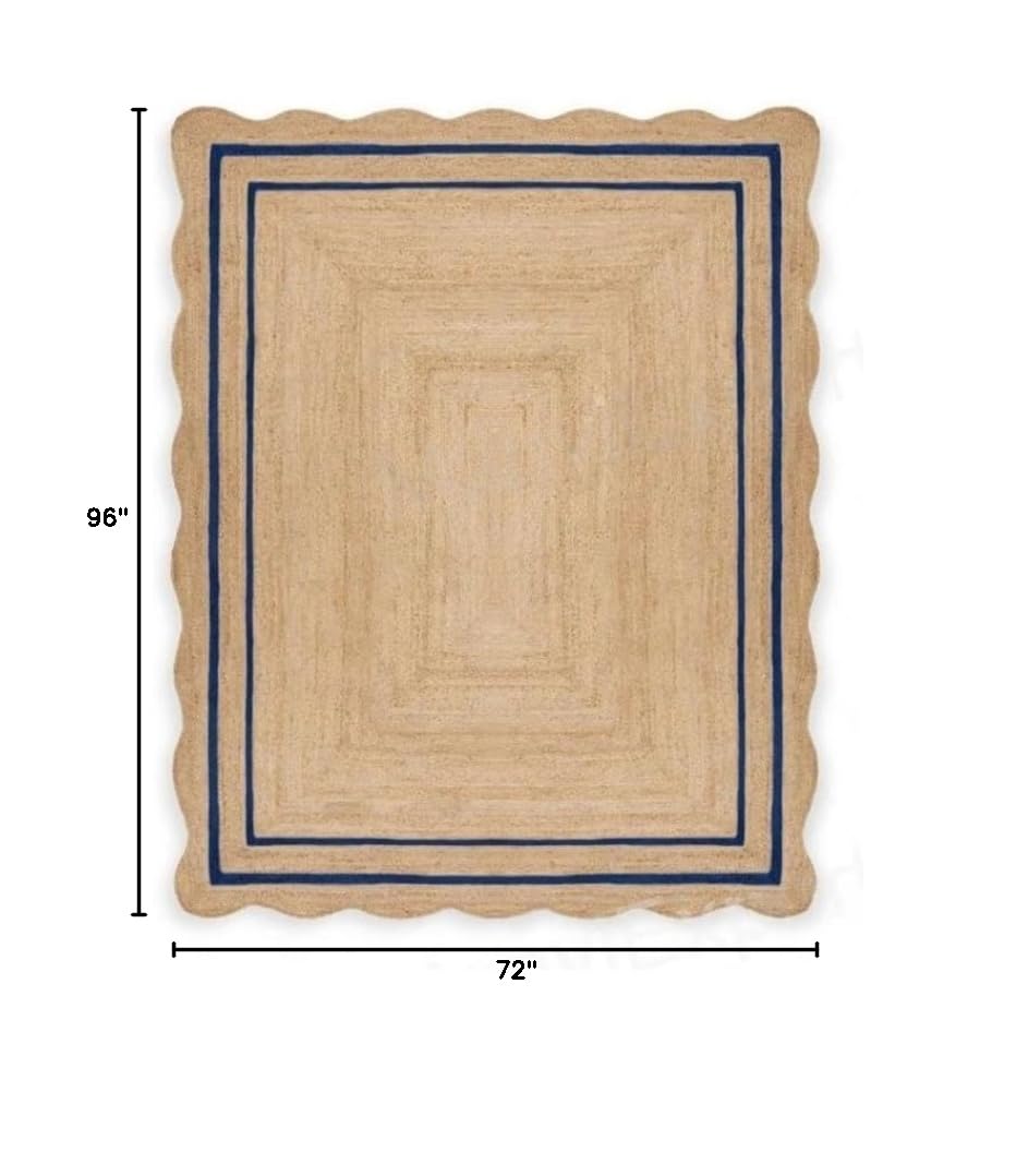 Chouhan Natural Jute Scalloped Bohemian Decor Handwoven Custom Decorative Rug (Blue / 6' x 8' (Rectangular))