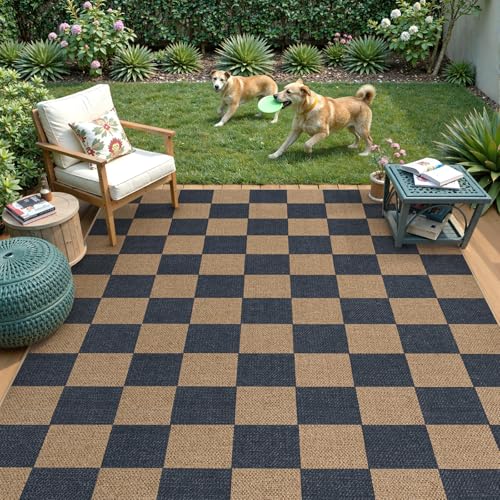 Checkered Easy Jute Living Room Rugs (5' x 7' (Rectangular) / Blue/Checkerboard -1)