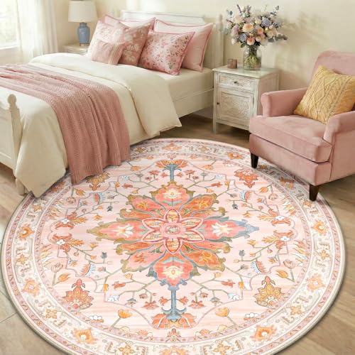 Washable Area Rug (Pink/Light Pink/Colorful / 6' (Round))
