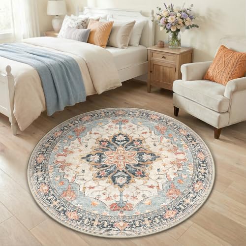Washable Area Rug (Beige/Blue/Orange / 4' (Round))