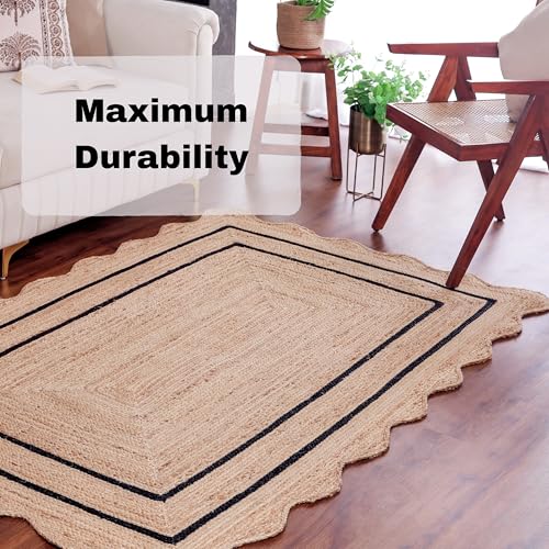 Wave Scalloped Jute Rug Entryway Natural Boho Area Rug Black 12'x12' (12'x12' / Black)