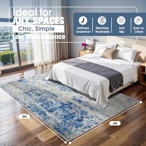6x9 Area Rugs for Living Room Washable Bedroom Dining Room Blue Grey White (Blue Grey/White / 6' x 9' (Rectangular))