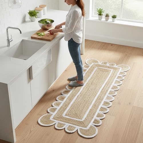 Scalloped Natural Jute Area Rug Handwoven Boho Farmhouse Rug for Living Room (White / 2'6" x 8' (Runner))