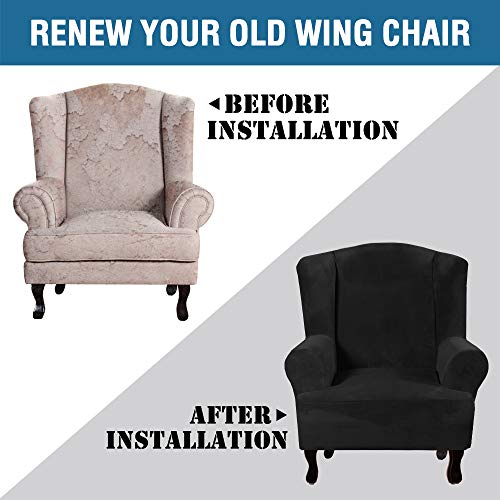 Wingback Chair Covers Velvet Plush Wing Chair Slipcover 1 Piece High Stretch Wing Back Chair Slipcovers Sofa Cover Furniture Cover with Elastic Bottom (Jet Black / Wing Chair)