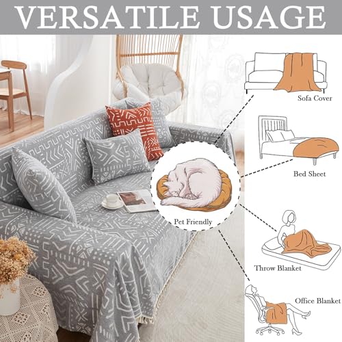 Bohemian Grey and White Couch Cover for Dogs Aztec Tribal Sofa Covers for 3 Cushion Couch Aesthetic Tassel Couch Slipcover Sofa Seat Cover Universal Loverseat Cover Futon Cover (71" x 150" / Tassel 2:grey/White)