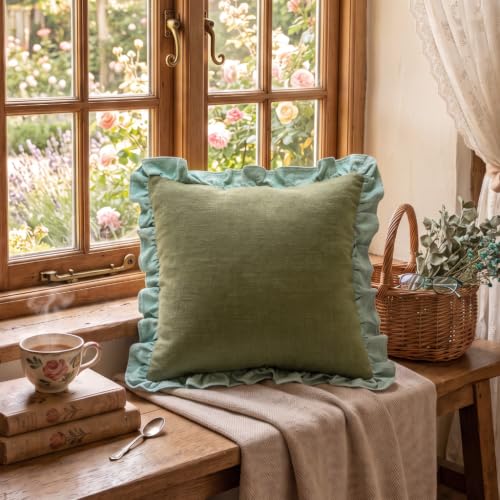 Vintage Green Linen Throw Pillow Covers (Coomburg Green / 22" x 22" (Pack of 2))