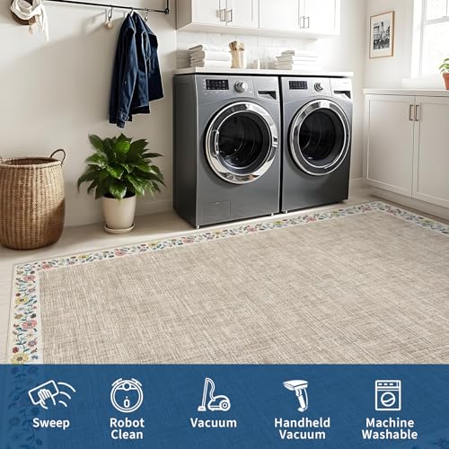 Entryway Rug 2x6 Modern Bordered Runner Rug Washable Kitchen Runners for Hallway Non (Light Flax/Beige / 2' x 6' (Rectangular))