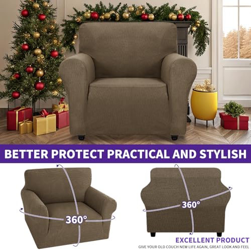 Super Stretch Chair Slipcover Universal Sofa Chair Covers for Living Room Dogs Pet Furniture Protector Spandex Armchair Slipcovers with Anti Slip Foam Sticks (Brown / Small (30"-47"))