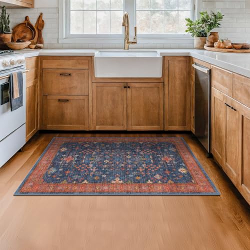 Large 3x5 Kitchen Rug Non Slip Machine Washable (3' x 5' (Rectangular) / Blue / Terracotta)