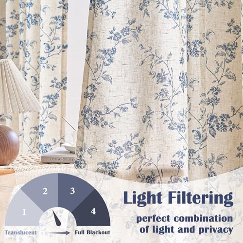 Extra Long Blue Vintage Floral Linen Curtains Farmhouse 2 Panels (Blue on Beige / 50"W x 108"L (Pack of 2))