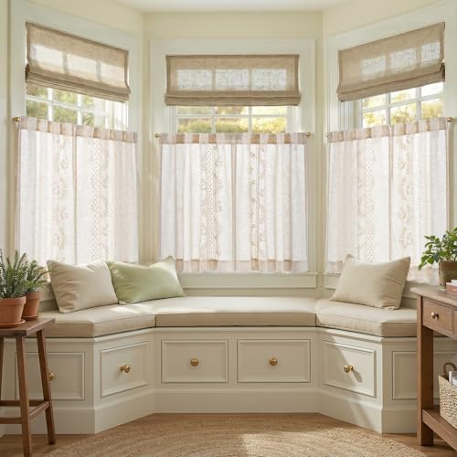 Ivory Floral Linen Kitchen Tier Curtains 36 Inch (A| Ivory / 26"W x 36"L (Pack of 2))