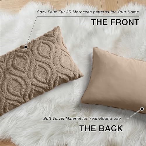 Faux Fur Soft Light Brown Throw Pillow Covers 12x20 Set of 2 (20" x 12" (Pack of 2) / Light Brown)