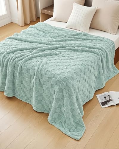 Plush Checkered Fleece Blanket Sage Green Throw (Sage Green / Throw)