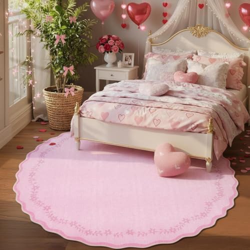Large Round Rug 8ft Scalloped Washable Circle Living Room Rug (Pink / 8' (Round))