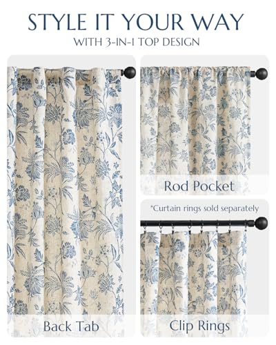 Blue Floral Linen Curtains 84 Inch Vintage Back Tab 2 Panels (*Jacobean Blue / 50"W x 84"L (Pack of 2))