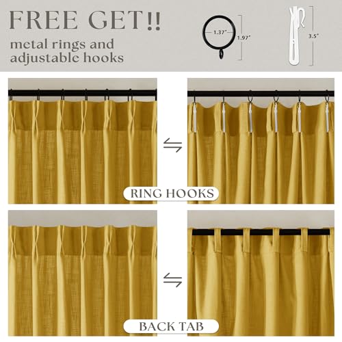 Mustard Yellow Pleated Semi Sheer Linen Curtains 102 Inches Long 2 Panel (Mustard Yellow / 40"W x 102"L (Pack of 2))