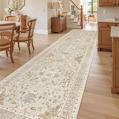 Hallway Runner Rug 3x12 Washable Kitchen Runners 12ft (Beige/Blue / 3' x 12' (Runner))
