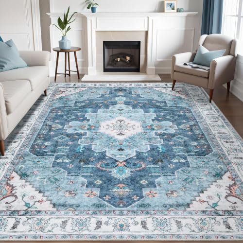 8x10 Washable Non Slip Boho Area Rug for Living Room (Vintage Blue / 8' x 10' (Rectangular))