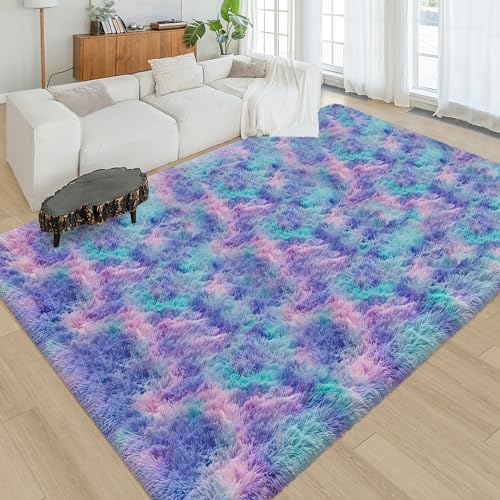 Tie Dye Purple Rainbow Soft Shaggy Fluffy Rug for Living Room 6x9ft Anti (Tie-dyed Purple Rainbow / 6' x 9' (Rectangular))
