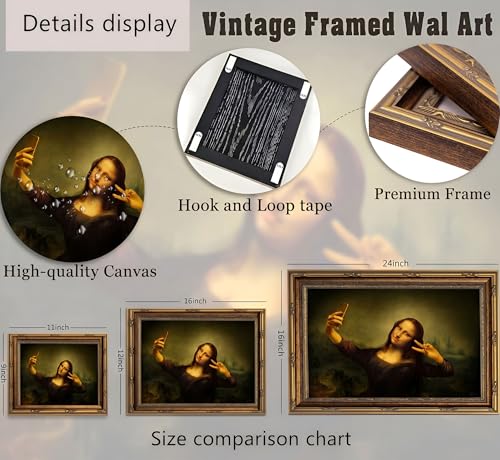 Vintage Gold Frame Funny Mona Lisa Selfie Canvas Wall Art 9x11in (Mona Lisa Selfie / 11"L x 9"W)