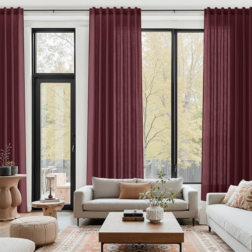 Burgundy Linen Curtains 80 Inch Length for Living Room Light Filtering Semi Sheer Curtain Back Tab Vintage Boho Decor Elegant Luxury Drapes for Bedroom Dinner Room 52x80 (52"W x 80"L (Pack of 2) / Burgundy)