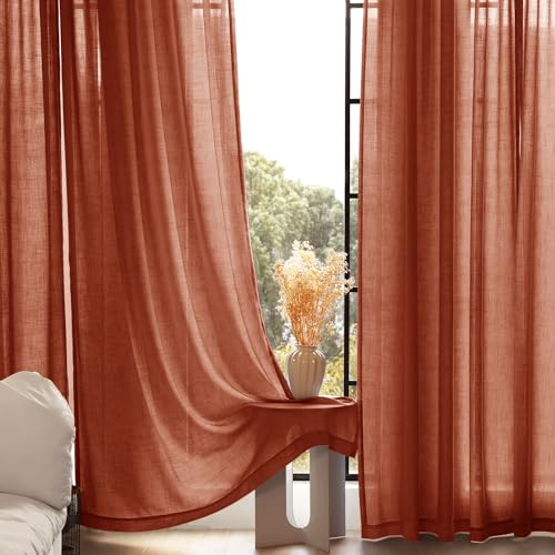 84 inch Linen Terracotta Curtains 2 Panels for Living Room Back Tab Light Filtering Semi Sheer Rust Colored Curtains 84 inches Long Soft Thick Cotton Cloth Textured Rustic Boho Farmhouse Room Decor (Terracotta / 52"W x 84"L (Pack of 2))