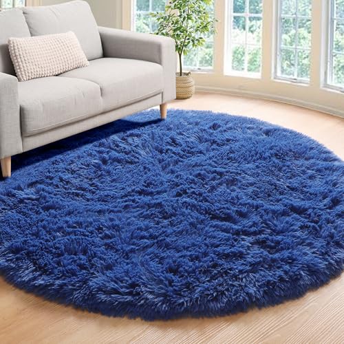 Navy Blue Fluffy Round Rug Circle Area Rugs 4ft for Boys Kids Teen Bedroom (Navy Blue / 4' (Round))