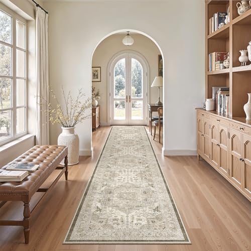 Washable Runner Rugs 2x10 Long for Hallway Kitchen (Ivory/Brown / 2' x 10' (Runner))