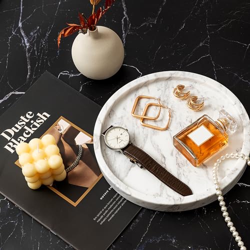 Natural Marble Decorative Tray for Bathroom Bedroom Kitchen Dresser (Natural White / 9.4")