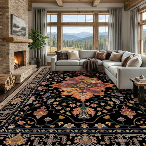 Washable Area Rug (Black/Colorful / 10' x 14' (Rectangular))