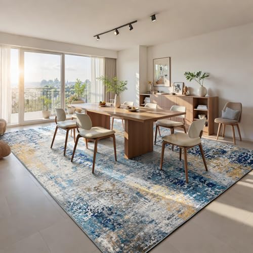Living Room Rug 7x10 Ultramarine Area Rugs Machine Washable Abstract Boho Large Rug Non (Ultramarine / 7' x 10' (Rectangular))