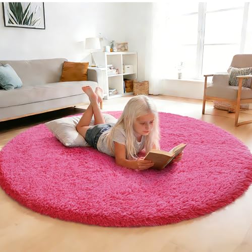 Fluffy Round Area Rugs for Bedroom (Hot Pink / 5' (Round))
