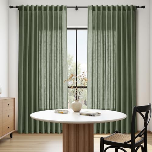 70 Inches Wide Olive Green Linen Curtains for Living Room 2 Panels Set 96 Inch Length Back Tab Light Filtering and Breathability Semi Sheer Curtain for Bedroom 70x96 (70"W x 96"L (Pack of 2) / Loden)