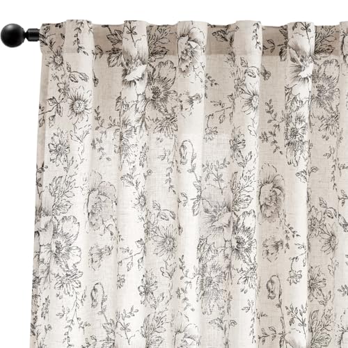 Vintage Floral Linen Curtains 96 Long for Living Room 2 Panels (Black on Beige / 50"W x 96"L (Pack of 2))