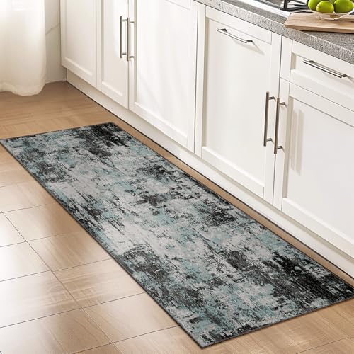 Washable Runner 2'x6' Abstract Area Rug for Hallway Teal Black (Black/Teal Blue / 2' x 6' (Runner))