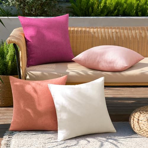 Pack of 4 Decorative Outdoor Throw Pillow Covers Linen Waterproof Pillow Covers Summer Farmhouse Cushion Cases for Patio Garden Tent Balcony Couch Sofa 18x18 Inch Pink (18" x 18" (Pack of 4) / Pink)