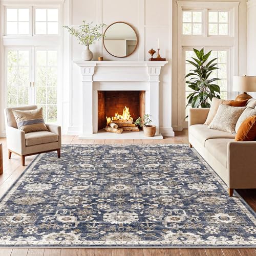 Amada Large 9x12 Washable Area Rug for Living Room (9' x 12' (Rectangular) / Blue/Brown)