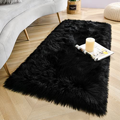 Soft Fluffy Faux Fur Rugs for Bedroom Bedside Rug 2x4 Feet (Black / 2' x 4' (Runner))