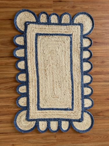 Jute Runner Rug 2x12 Ft with Scalloped Border (Blue / 2' x 12' (Rectangular))