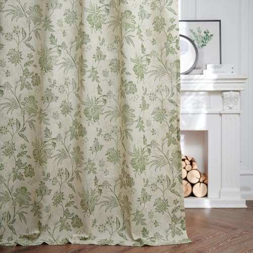 Green Floral Linen Curtains 96 Inch Vintage Back Tab 2 Panels (*Jacobean Sage Green on Beige / 50"W x 96"L (Pack of 2))