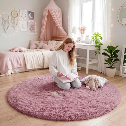 Mauve Pink Round Plush Rug 5Ft for Girls Bedroom Nursery Playroom (Mauve Pink / 5' (Round))